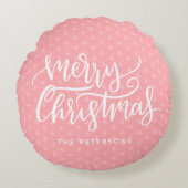 モダンシンプルピンクメリークリスマス名 ラウンドクッション (正面)