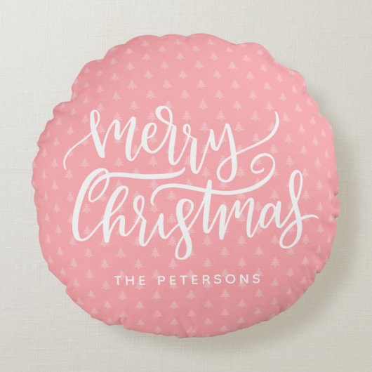 モダンシンプルピンクメリークリスマス名 ラウンドクッション (正面)