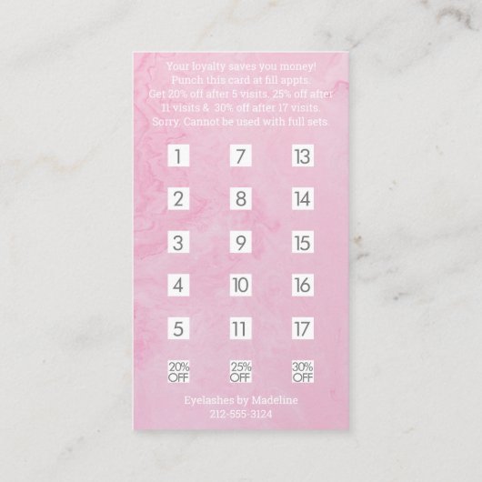 モダンシンプルピンク大理石まつ毛エクステンション ロイヤリティカード (裏面)