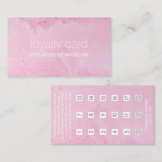 モダンシンプルピンク大理石まつ毛エクステンション ロイヤリティカード (正面/裏面)
