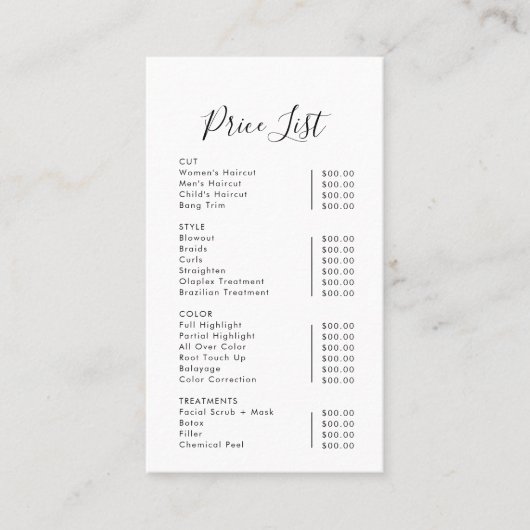 モダンシンプルフォーマル支払価格表のスキャン 名刺 (正面)