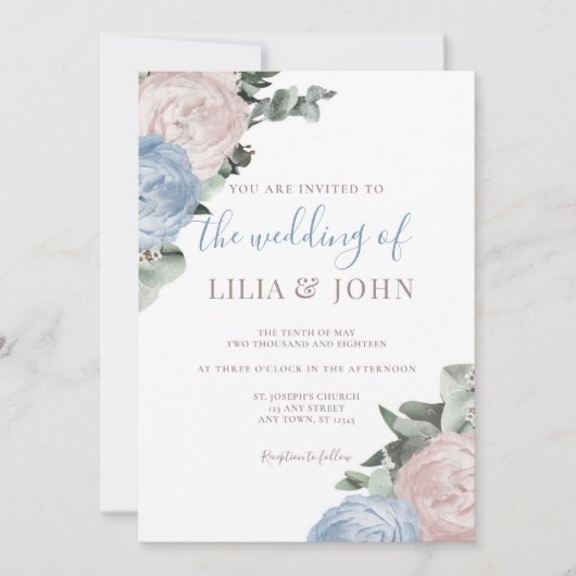 モダンシンプルフローラダスティブルーとバラ結婚ズ 招待状 (正面)