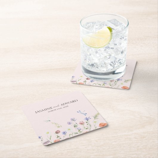 モダンシンプルフローラ結婚ズ スクエアペーパーコースター (インサイチュ)