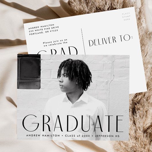 モダンシンプルブラック写真卒業パーティー インビテーションポストカード