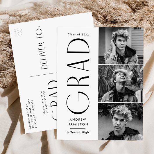 モダンシンプルブラック3写真卒業パーティー インビテーションポストカード