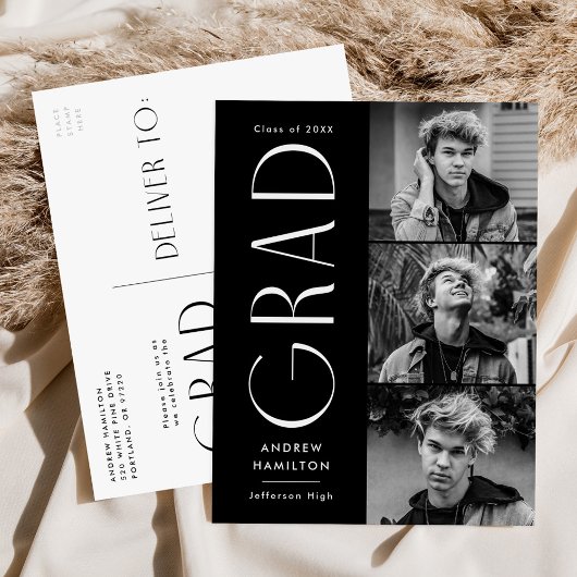 モダンシンプルブラック3写真卒業パーティー インビテーションポストカード