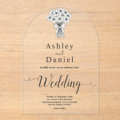 モダンシンプルブラック&ホワイトブライダルブーケ結婚ス アクリル招待状 (正面)