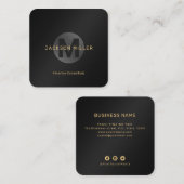 モダンシンプルブラック&金ゴールドモノグラムプロフェッショナル スクエア名刺 (正面/裏面)