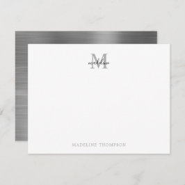 モダンシンプルブラッシュメタル銀グレーモノグラム ノートカード