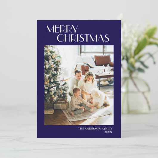 モダンシンプルブルーメリークリスマスフォト シーズンカード (スタンド正面)