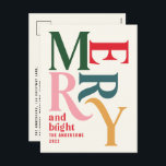 モダンシンプルミニマルカラフル予算 シーズンポストカード<br><div class="desc">バジェットモダンレトミニマル伝統的ヴィンテージグラフィックタイポグラフィコルフールメリークリスマスホリデーカード。おもしろいのはっきりした休日コレクションの一部。</div>