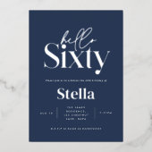モダンシンプルミニマルネイビー・ブルー60歳の誕生日 箔招待状 (正面)