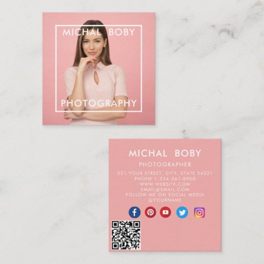 モダンシンプルミニマル写真QRコードSNS スクエア名刺 (正面/裏面)