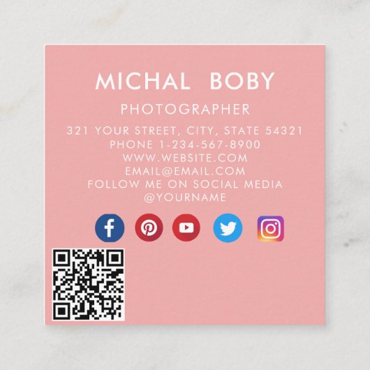 モダンシンプルミニマル写真QRコードSNS スクエア名刺 (裏面)