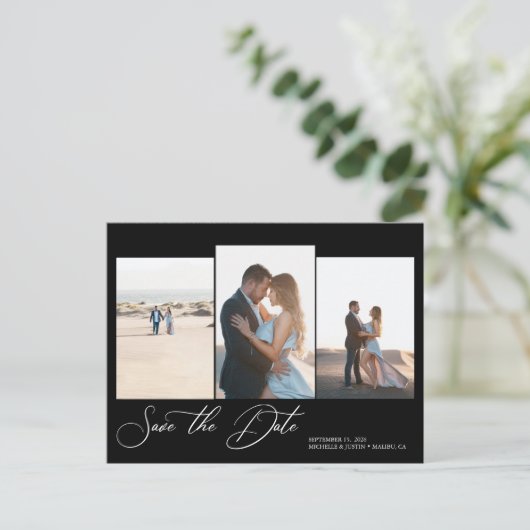 モダンシンプルミニマル結婚式の日付を保存 ポストカード (スタンド正面)