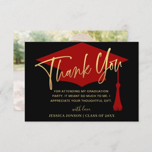 モダンシンプルミニマル赤卒業写真 サンキューカード (正面/裏面)