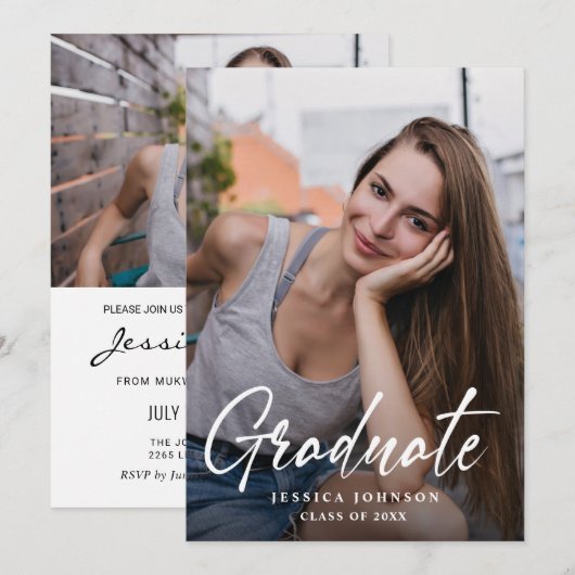 モダンシンプルミニマル2写真卒業パーティー 招待状 (正面/裏面)