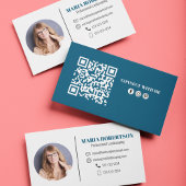 モダンシンプルミニマルQRコードSNSブルー 名刺