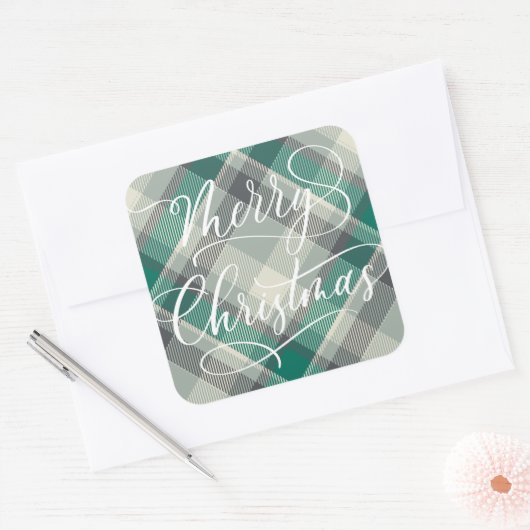 モダンシンプルメリークリスマスグリーンプレイド スクエアシール (封筒)