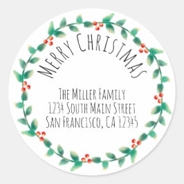 モダンシンプルメリークリスマスホリー差出人住所 ラウンドシール