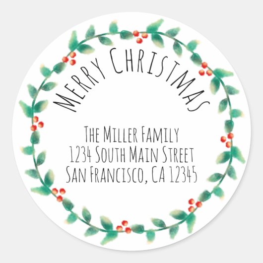 モダンシンプルメリークリスマスホリー差出人住所 ラウンドシール (正面)