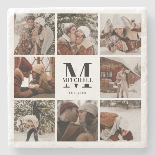 モダンシンプルモノグラムイニシャル名写真 ストーンコースター (正面)