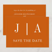 モダンシンプルモノグラム燃えたオレンジホワイト結婚ズ セーブザデート (正面/裏面)