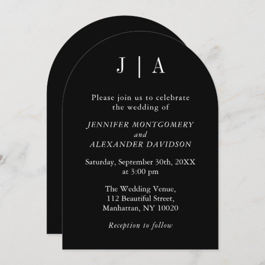 モダンシンプルモノグラム白黒結婚ズ 招待状 (正面/裏面)