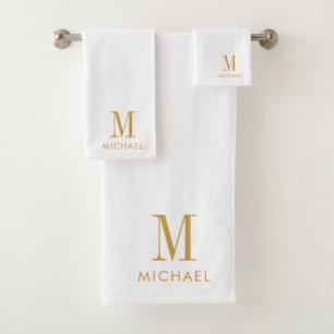 モダンシンプルモノグラム金ゴールドスクリプト名ホワイト バスタオルセット