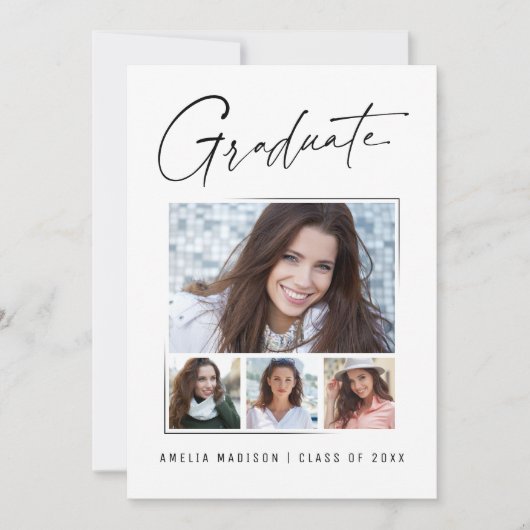 モダンシンプルユニークInk Script卒業生4写真 案内状 (正面)