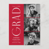 モダンシンプルレッド3写真卒業パーティー インビテーションポストカード (正面)