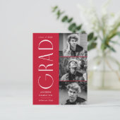 モダンシンプルレッド3写真卒業パーティー インビテーションポストカード (スタンド正面)