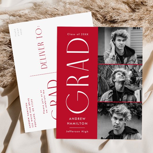 モダンシンプルレッド3写真卒業パーティー インビテーションポストカード