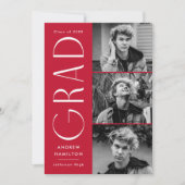 モダンシンプルレッド3写真卒業パーティー 招待状 (正面)