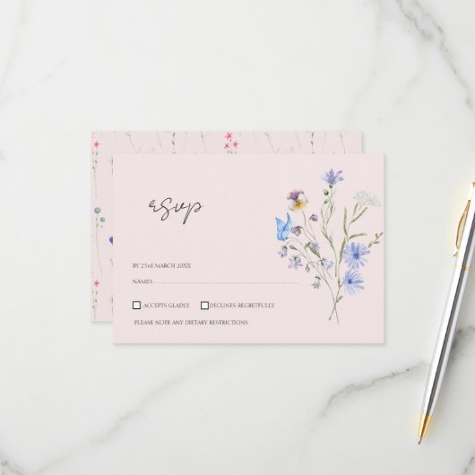 モダンシンプルワイルドフラワーフロール結婚ズ 出欠カード (正面/裏面インサイチュ)