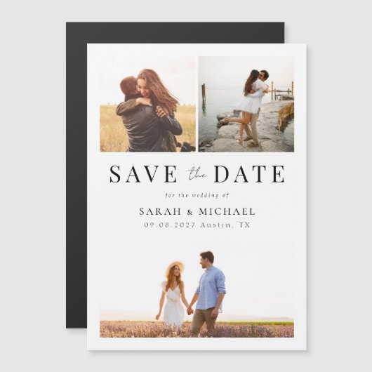 モダンシンプル写真コラージュ結婚式の日付を保存 マグネット招待状 (正面/裏面)