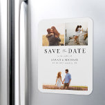 モダンシンプル写真コラージュ結婚式の日付を保存 マグネット<br><div class="desc">自分の結婚式を作成する日付のマグネットを保存する3つの写真お気に入りの。モダンタイポグラフィデザインとシンプル3写真コラージュ。</div>