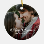 モダンシンプル写真メリークリスマスタータンチェック セラミックオーナメント (正面)