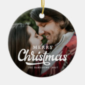 モダンシンプル写真メリークリスマスタータンチェック セラミックオーナメント (正面)