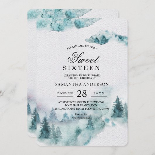 モダンシンプル冬の緑と白の木の招待 招待状 (正面/裏面)