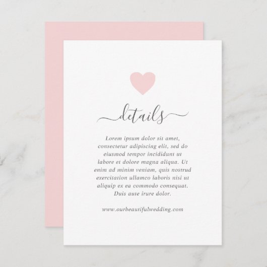 モダンシンプル可愛いピンクハート結婚詳細 エンクロージャーカード (正面/裏面)