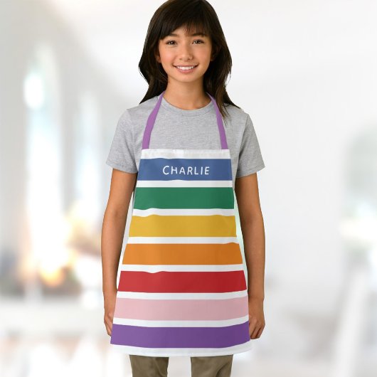 モダンシンプル可愛いレインボー名前をカスタムするストライプのキッド エプロン