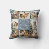 モダンシンプル家族フォトコラージュかわいい埃っぽいブルー クッション (裏面)