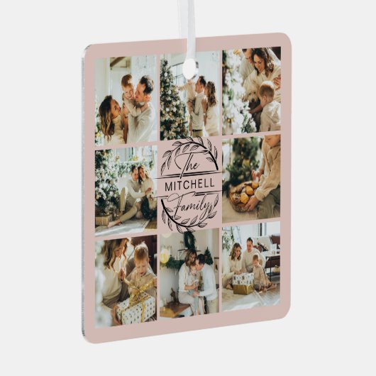 モダンシンプル家族フォトコラージュ赤面ピンク メタルオーナメント (正面右)