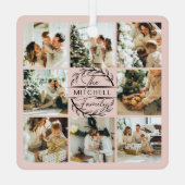 モダンシンプル家族フォトコラージュ赤面ピンク メタルオーナメント (裏面)