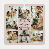 モダンシンプル家族フォトコラージュ赤面ピンク メタルオーナメント (正面)