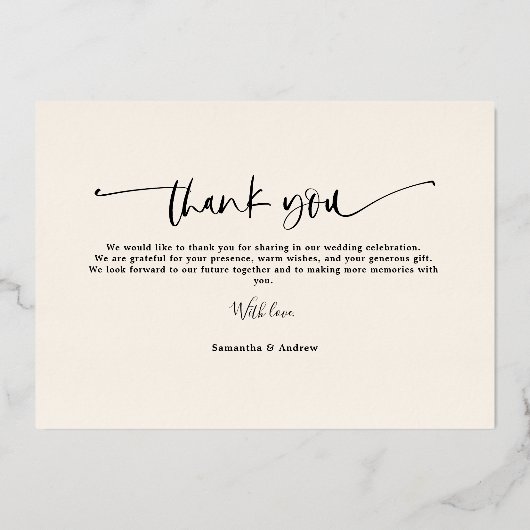 モダンシンプル感謝していスクリプト結婚5 箔招待状 (裏面)