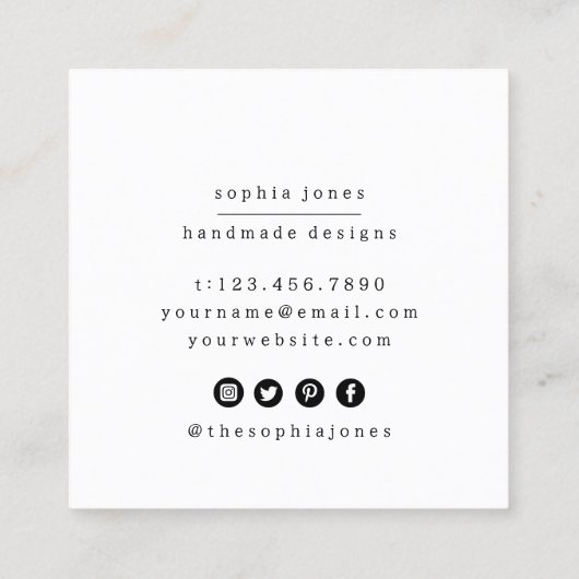 モダンシンプル手作りスクリプト白黒 スクエア名刺 (裏面)