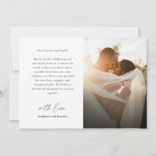 モダンシンプル書の台本の写真結婚の サンキューカード (裏面)