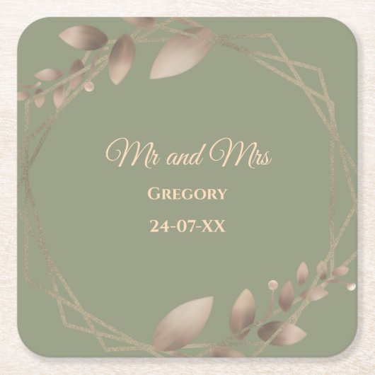 モダンシンプル植物セージエレガントグリーン金ゴールド スクエアペーパーコースター (正面)